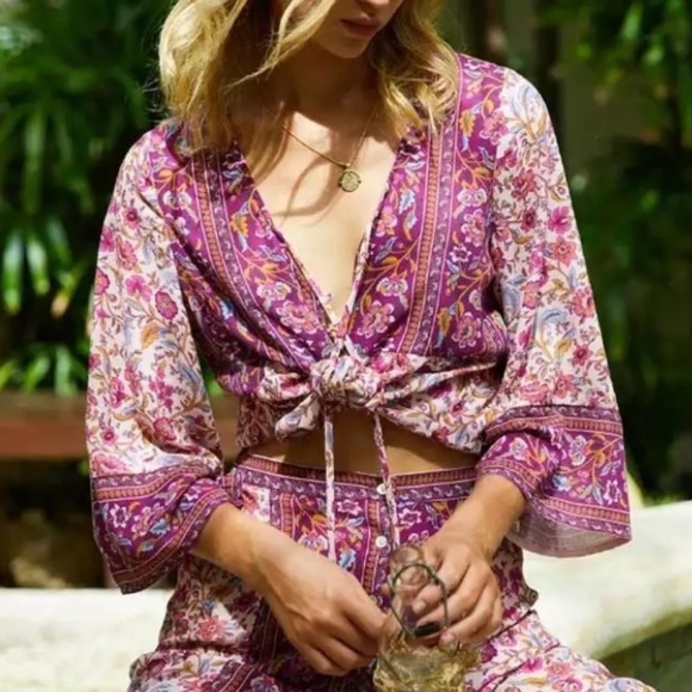 Maroon Multi Color Bohemian Floral Button Neck 3/4 Sleeve Blouse Top w/ Tie